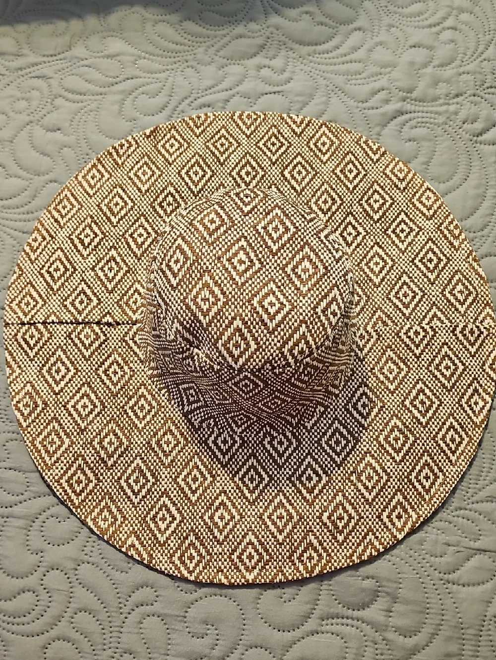 Wide-Brim Woven Sun Hat in Brown and White Diamond Pattern